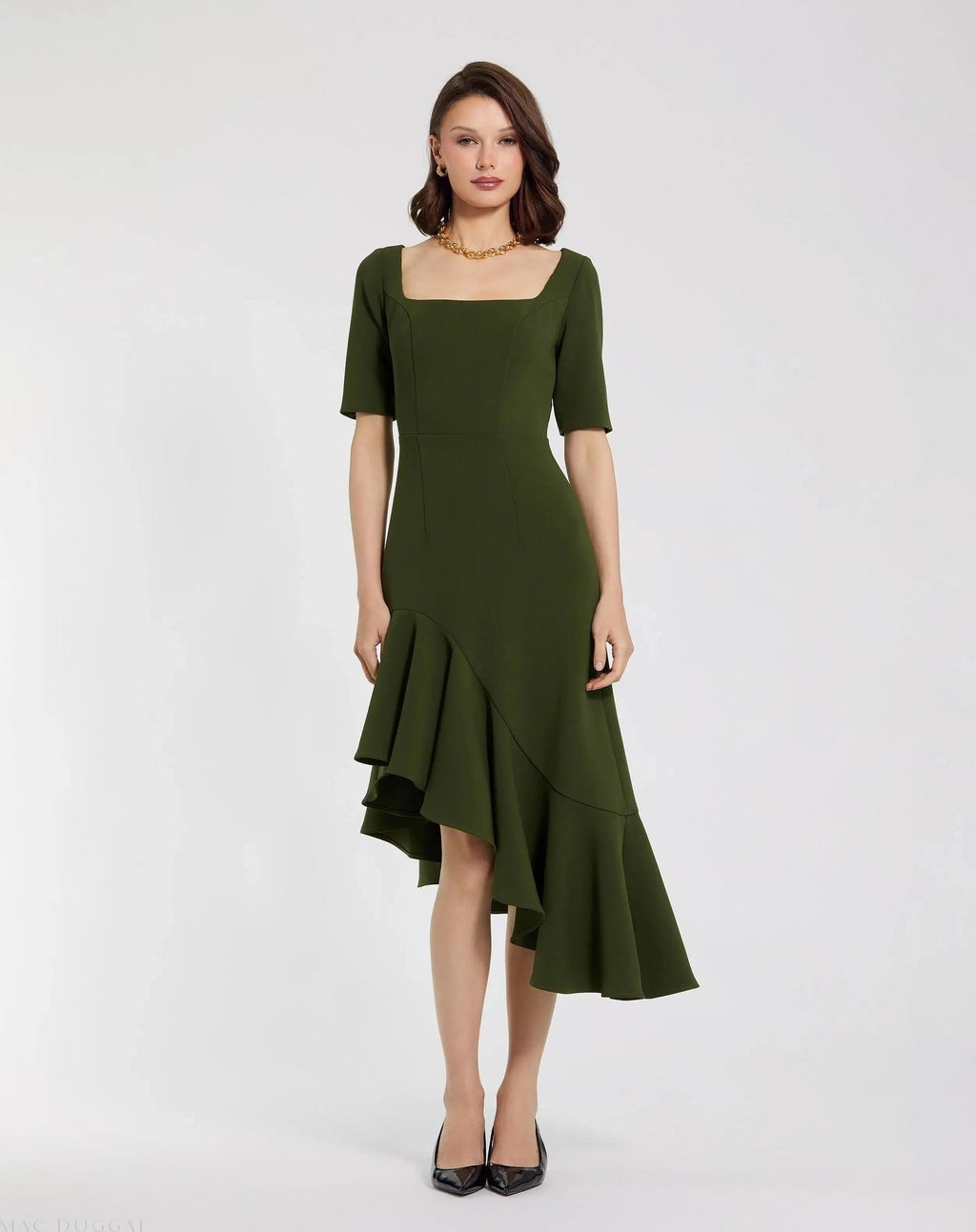 Dark Green Crepe 3/4 Sleeve Asymmetrical Hem Dress - FINAL SALE
