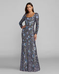 Blue Floral Sequin Long Sleeve Gown