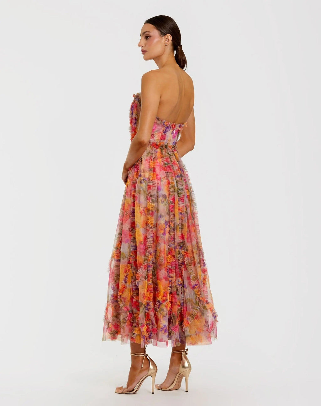 Multi Strapless Floral Print Ruffle Maxi Dress