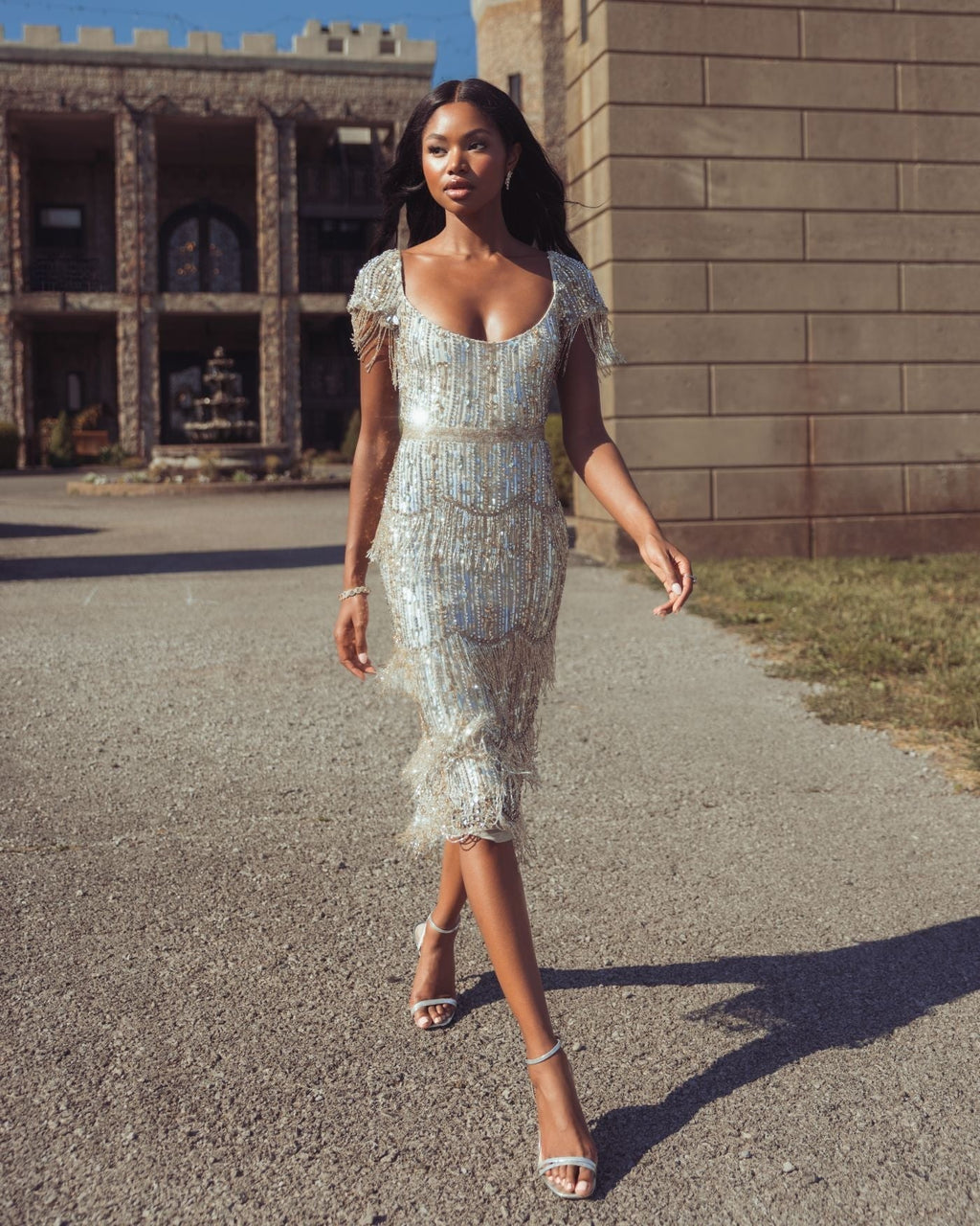 Light Gold Beaded Fringe Midi Dress