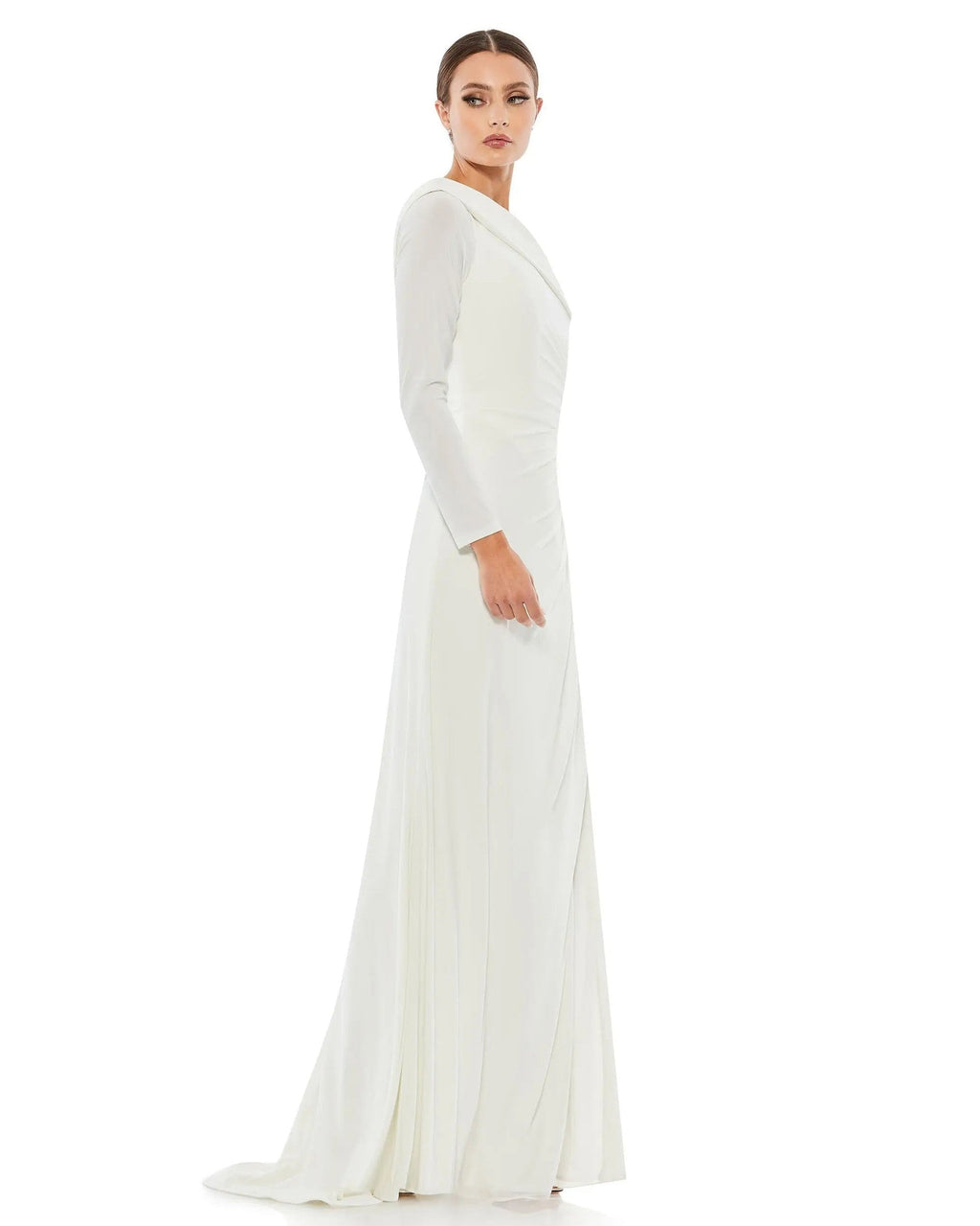 White Ruched Jersey Drop Shoulder Foldover Gown