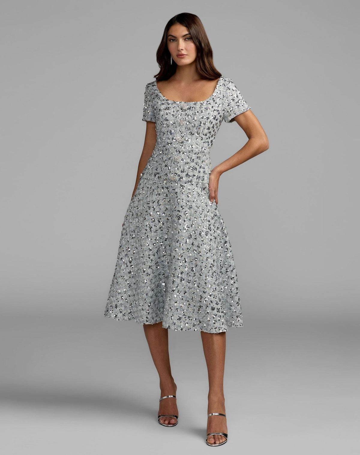 Platinum Sequin Button Up Boucle Midi Dress