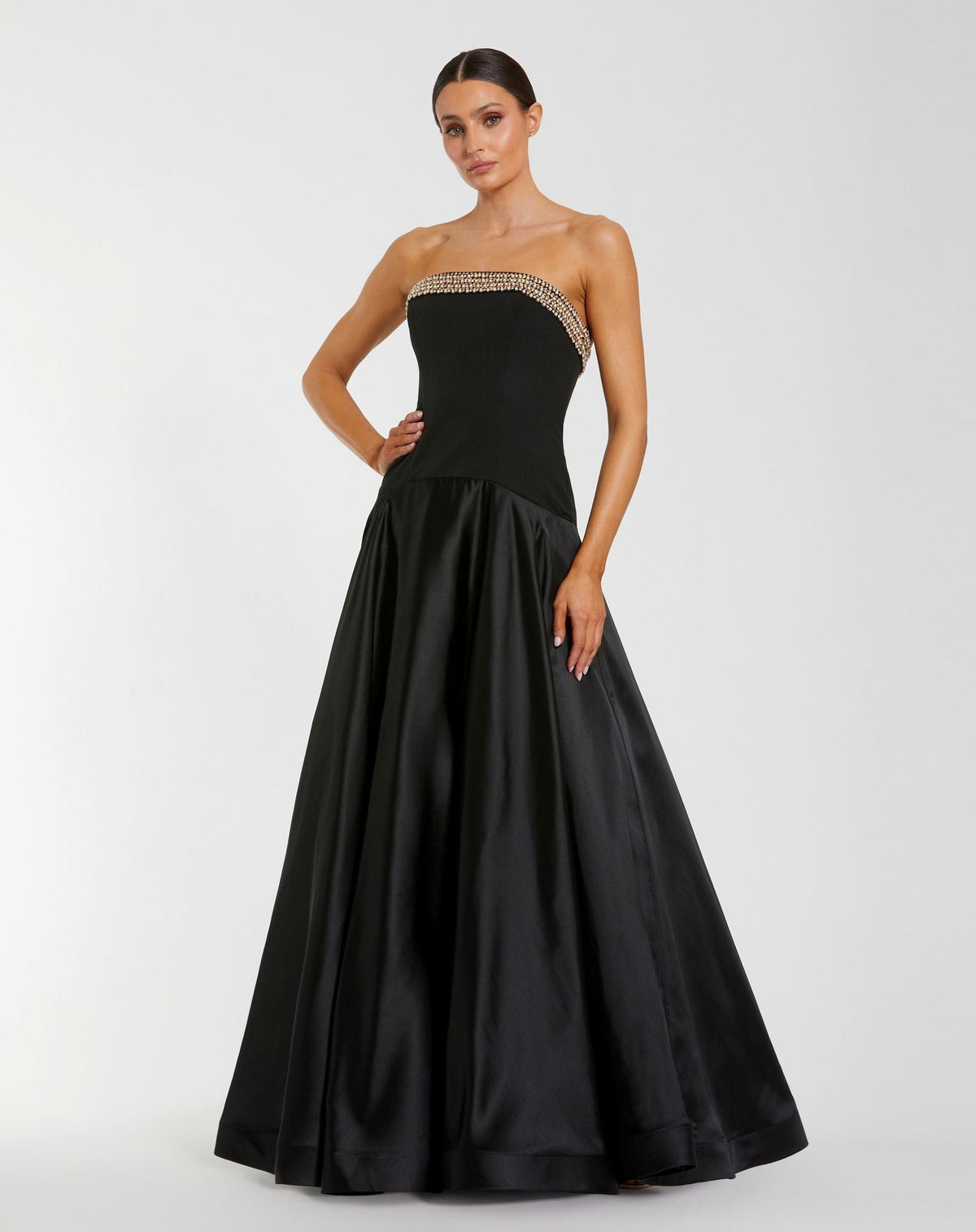 Black Strapless Crepe Bodice Gown With Satin Skirt