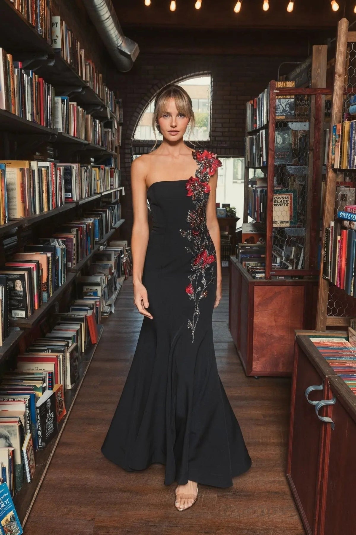 Black One Shoulder Embroidered Mermaid Gown