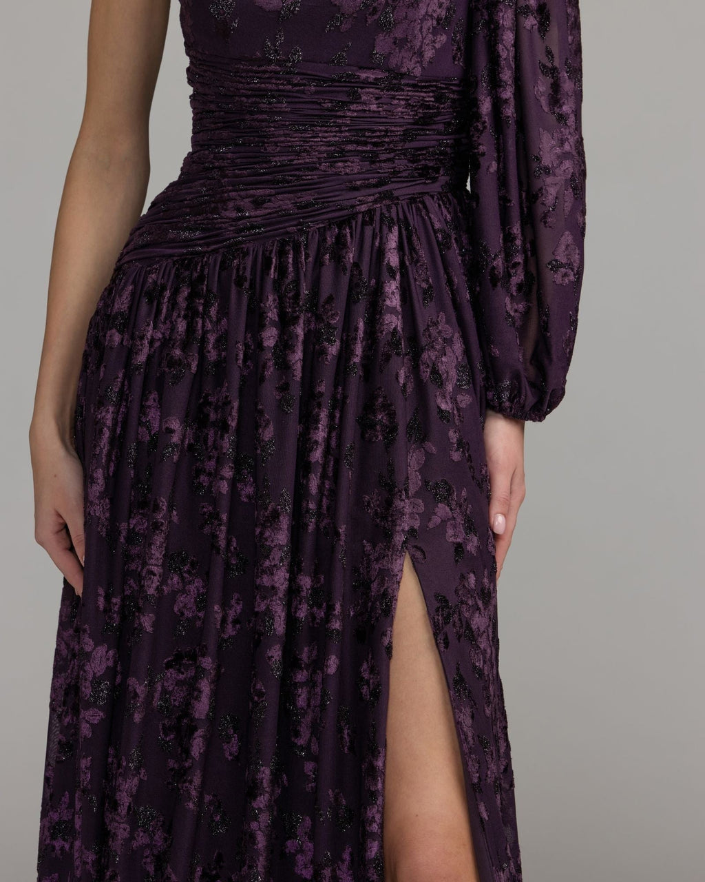 Amethyst One Shoulder Long Sleeve Burnout Velvet Gown
