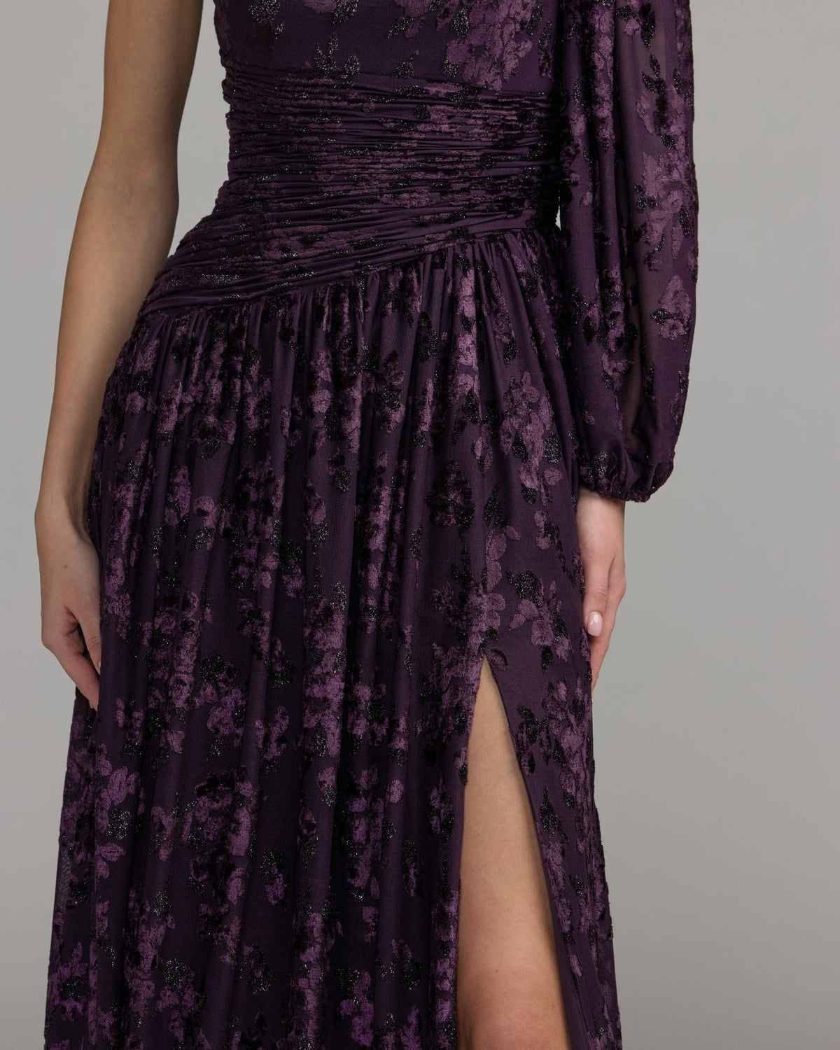 Amethyst One Shoulder Long Sleeve Burnout Velvet Gown