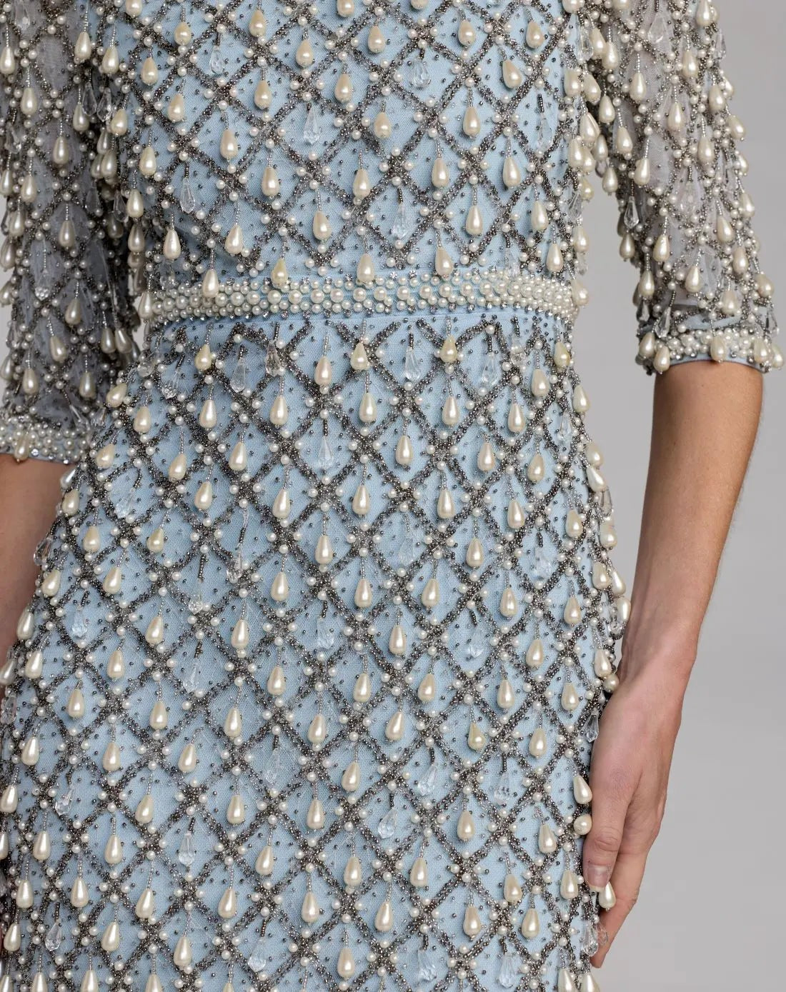 Vintage Blue Pearl Embellished 3/4 Sleeve Gown