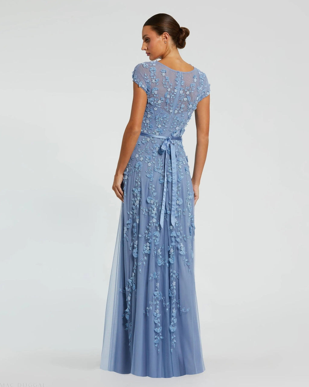 Sky Blue Floral Embellished Cap Sleeve Gown