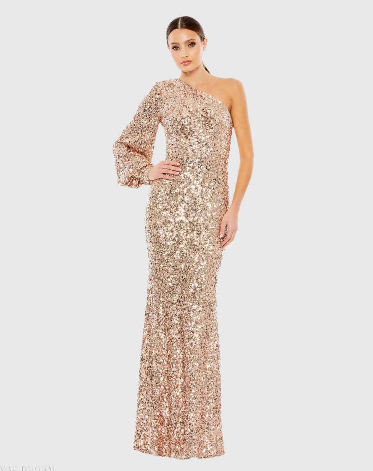 Sequined One Shoulder Bishop Sleeve Trumpet Gown