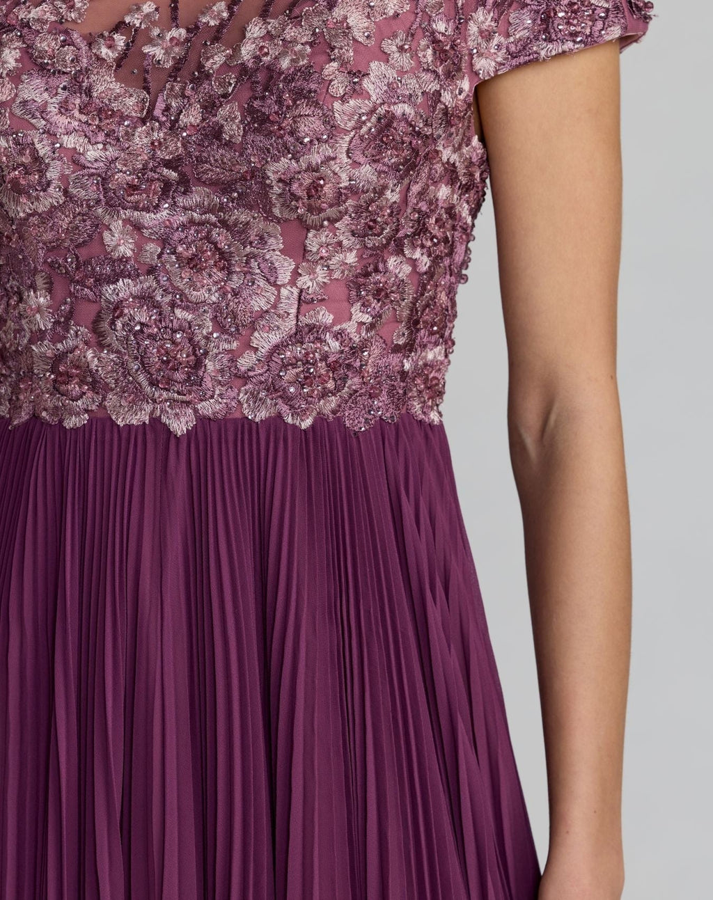 Purple Embroidered Cap Sleeve Pleated Gown