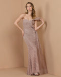 Taupe One Shoulder Embellished Gown With Drape Detail