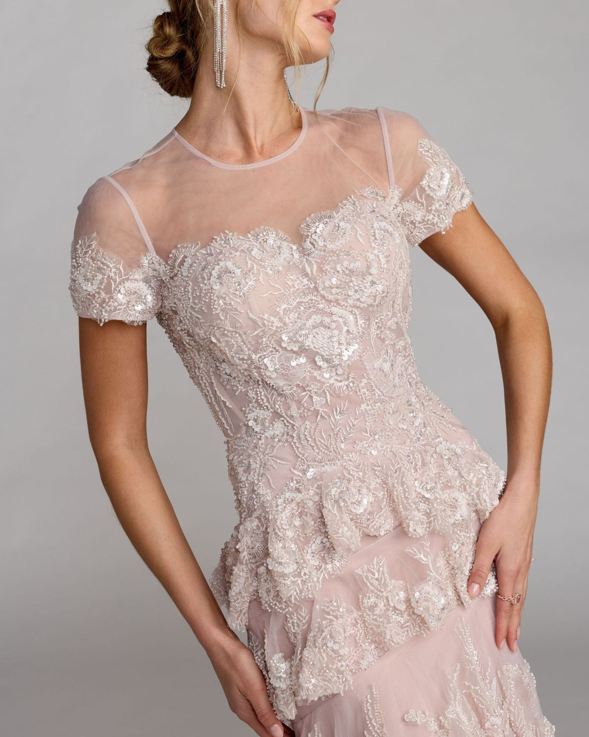 Rose Multi Embellished High Neck Gown With Tiered Ruffle Skirt