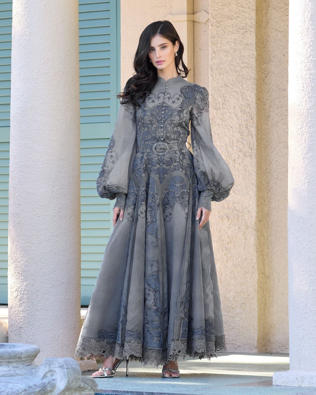 Slate Blue Bishop Sleeve Printed Cotton A-Line Dress