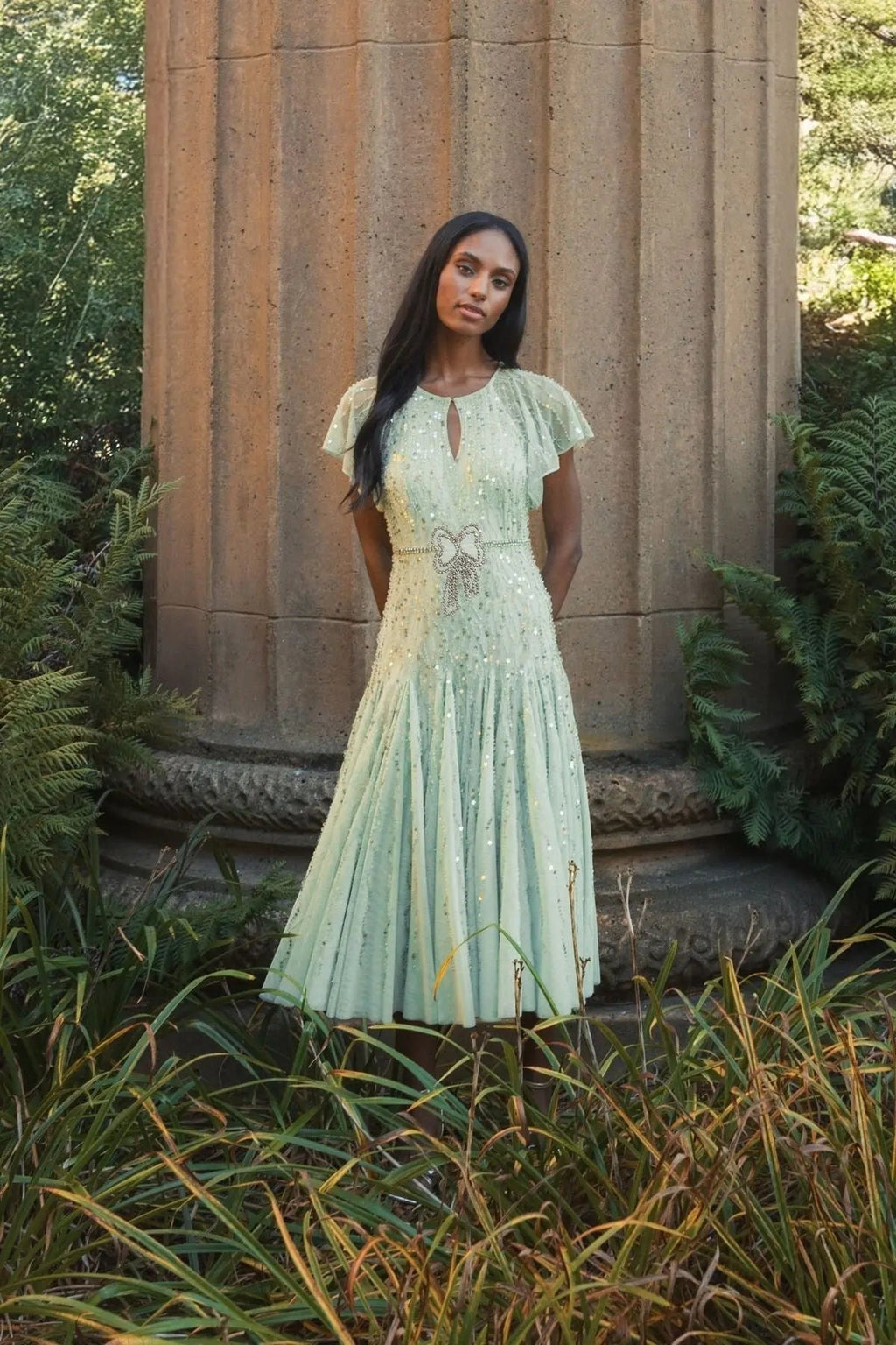 Green Embellished Bow Flutter Sleeve A Line Midi Dress