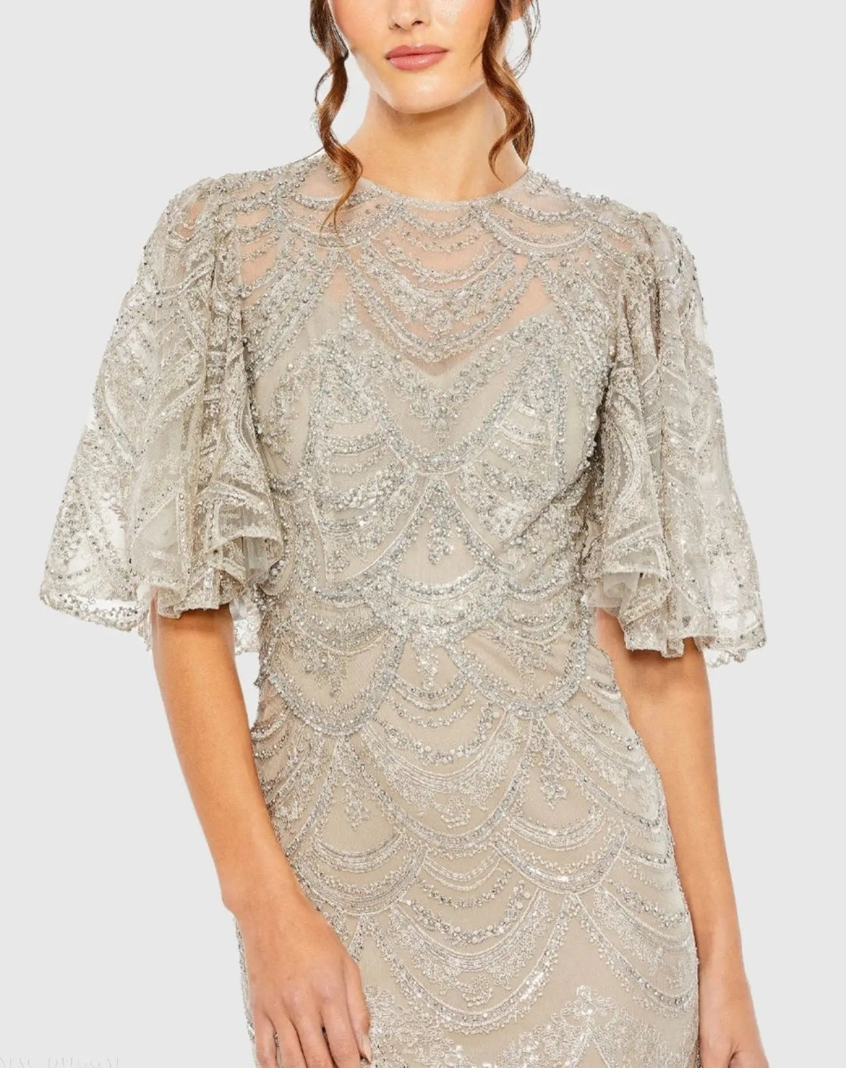 Beige and Silver Flutter Sleeve High Neck Gown
