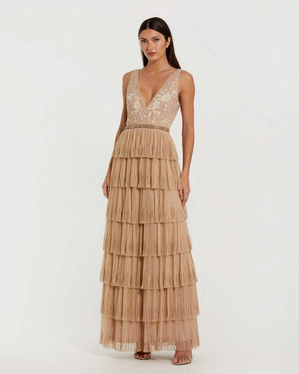 Beige Beaded V-Neck Gown With Tiered Ruffles