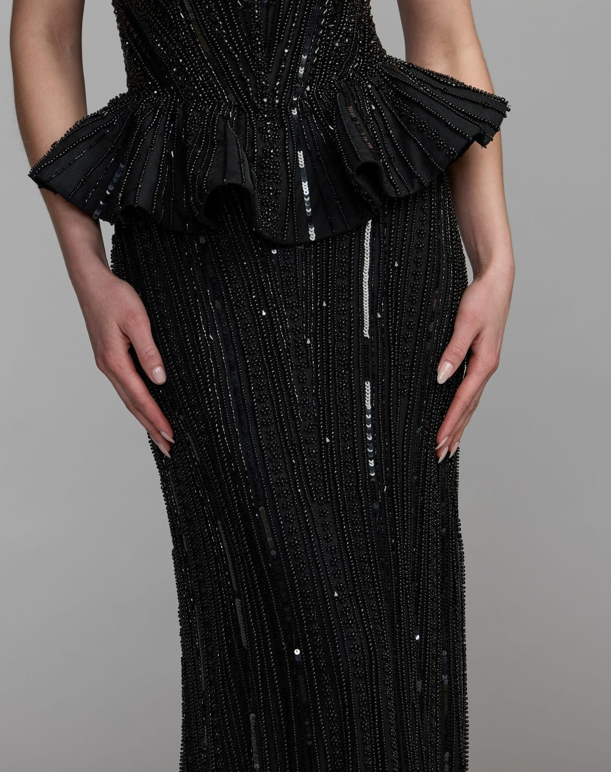 Black Strapless Embellished Peplum Gown