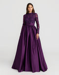 Aubergine Embroidered Long Sleeve Satin Ball Gown