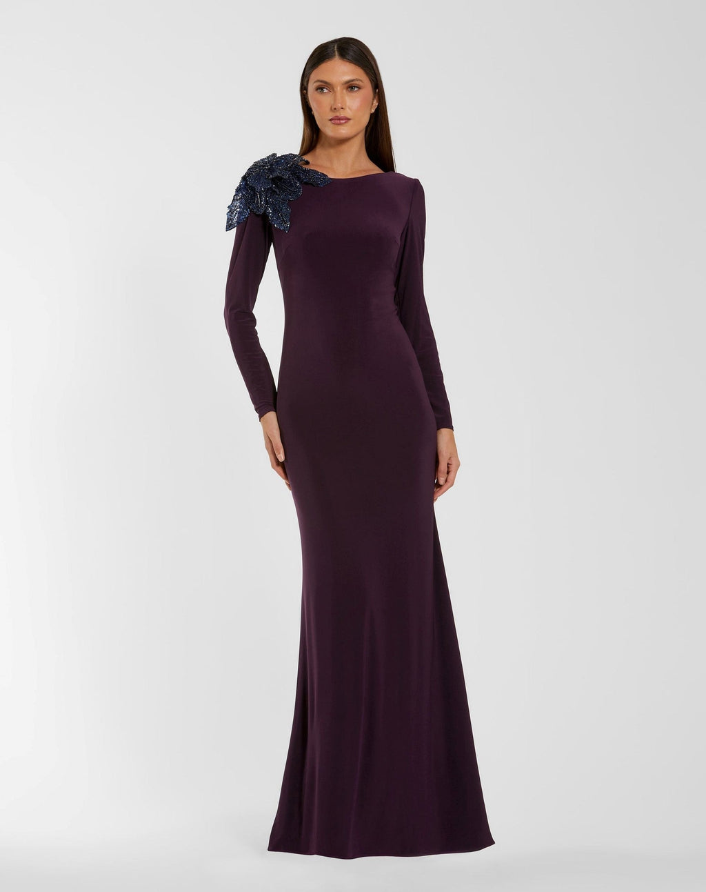 Amethyst Long Sleeve Jersey Gown With Embellished Flower