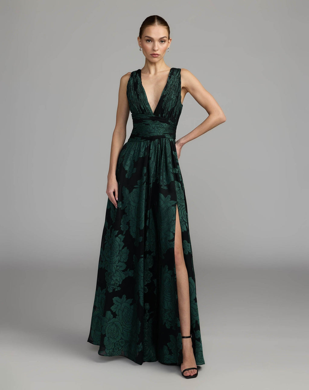 Emerald Multi Floral Sleeveless Plunge Neck Gown