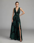 Emerald Multi Floral Sleeveless Plunge Neck Gown