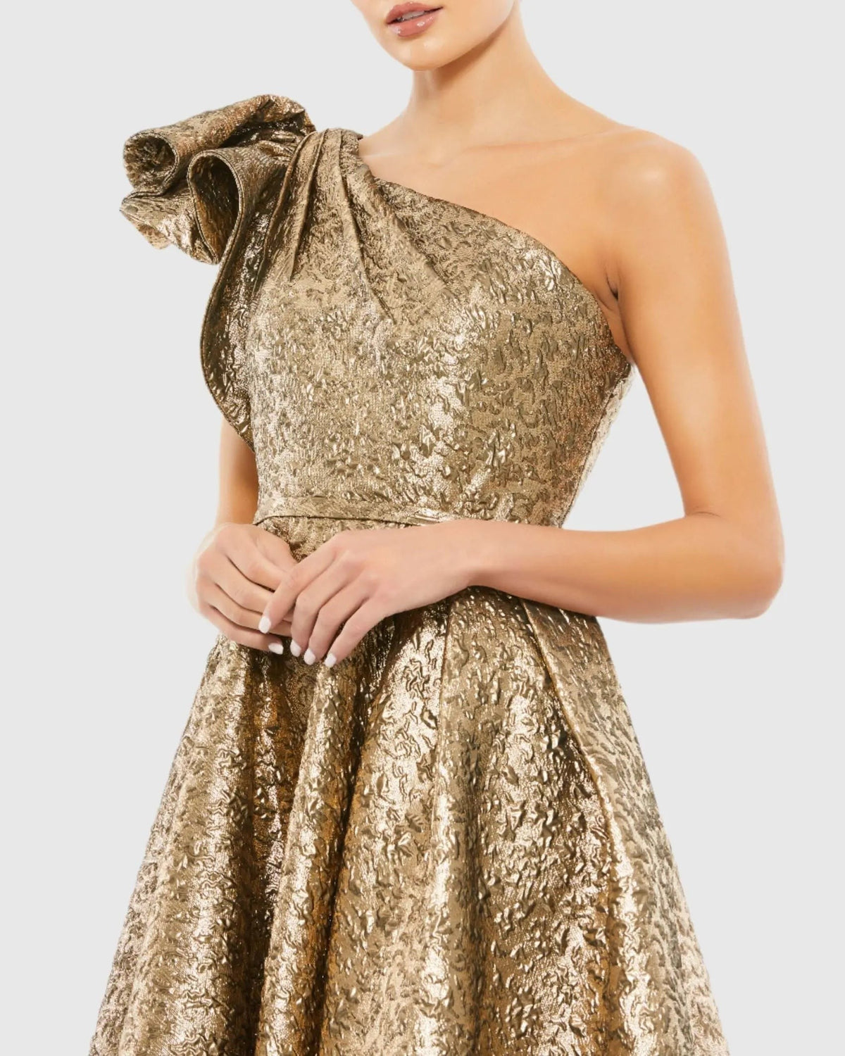 Antique Bronze Metallic Ruffle One Shoulder Midi Dress