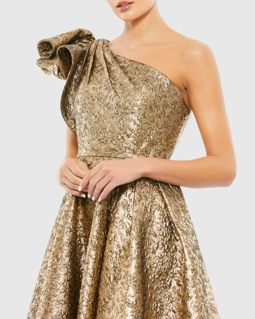 Antique Bronze Metallic Ruffle One Shoulder Midi Dress