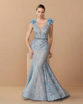 Powder Blue Embellished Lace Illusion Neck Gown With 3D Flowers