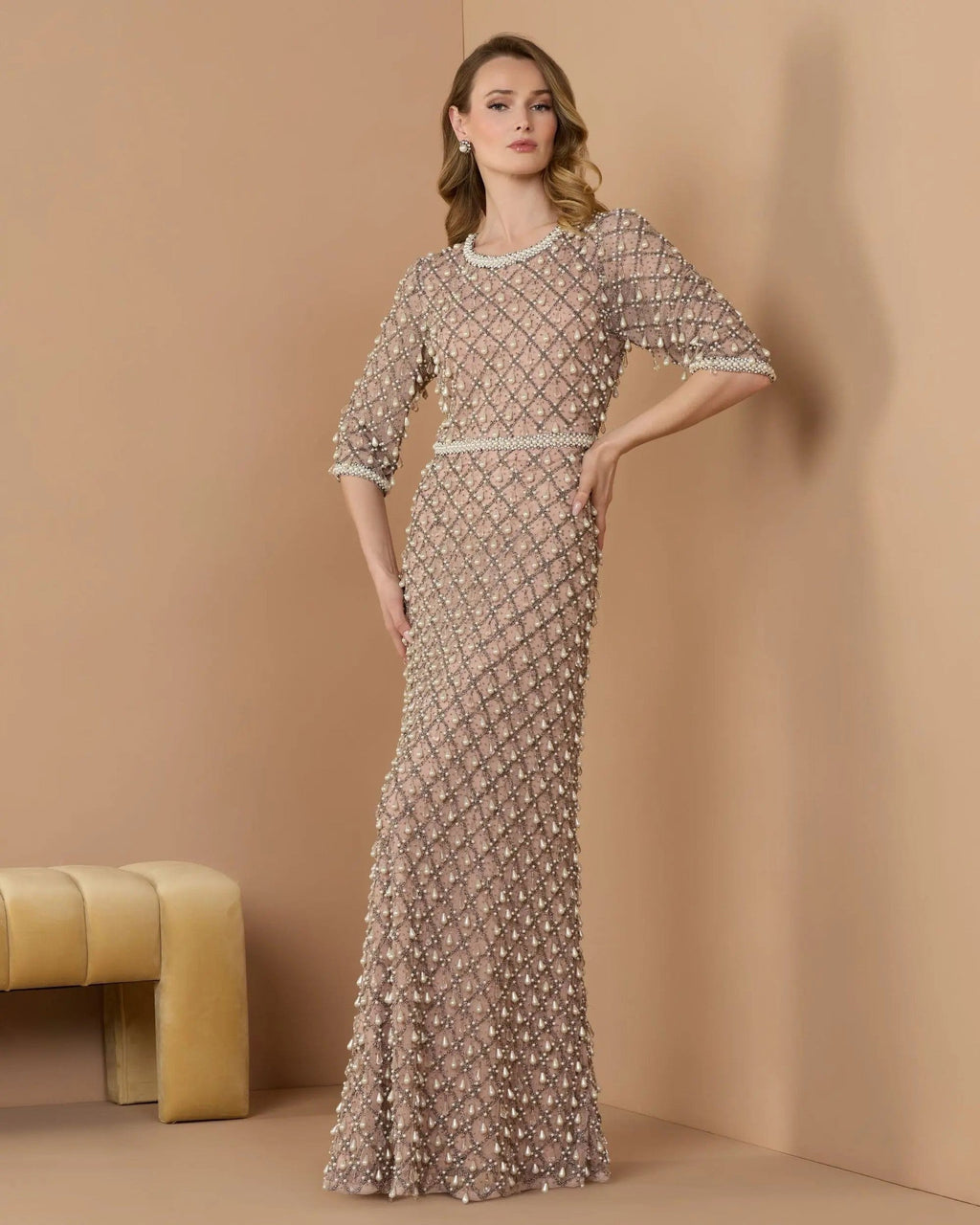 Light Rose Pearl Embellished 3/4 Sleeve Gown