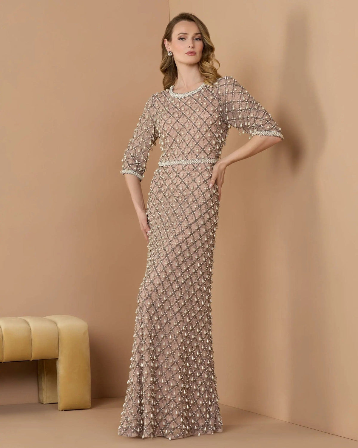 Light Rose Pearl Embellished 3/4 Sleeve Gown