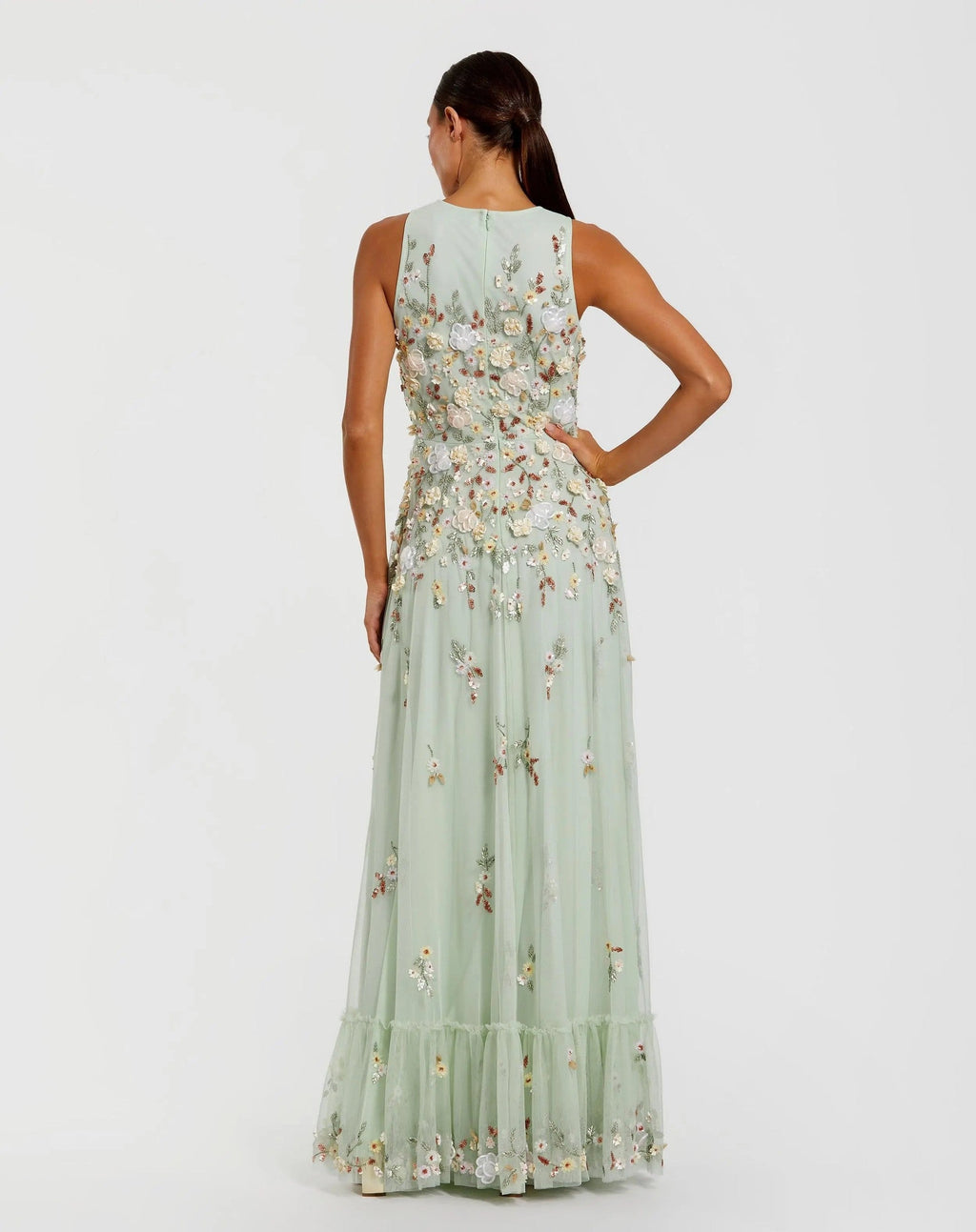 Sage Multi Floral Embellished High Neck Sleeveless Gown