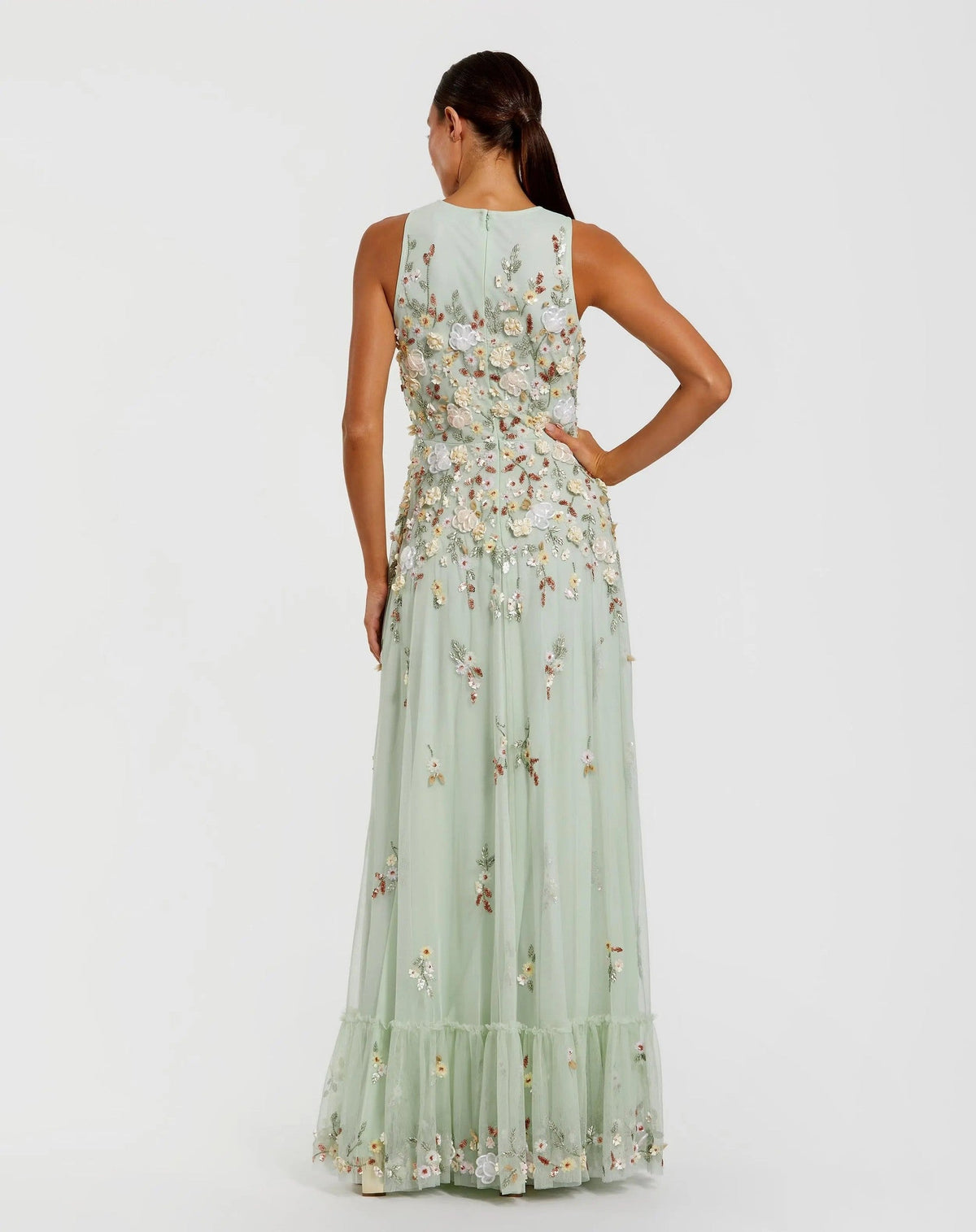 Sage Multi Floral Embellished High Neck Sleeveless Gown