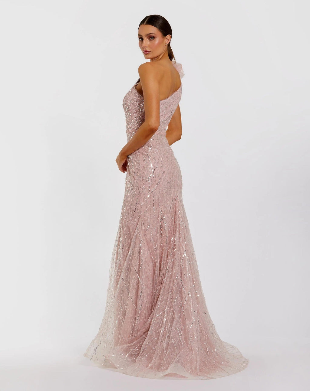Rose One Shoulder Beaded Mermaid Gown With 3D Flower