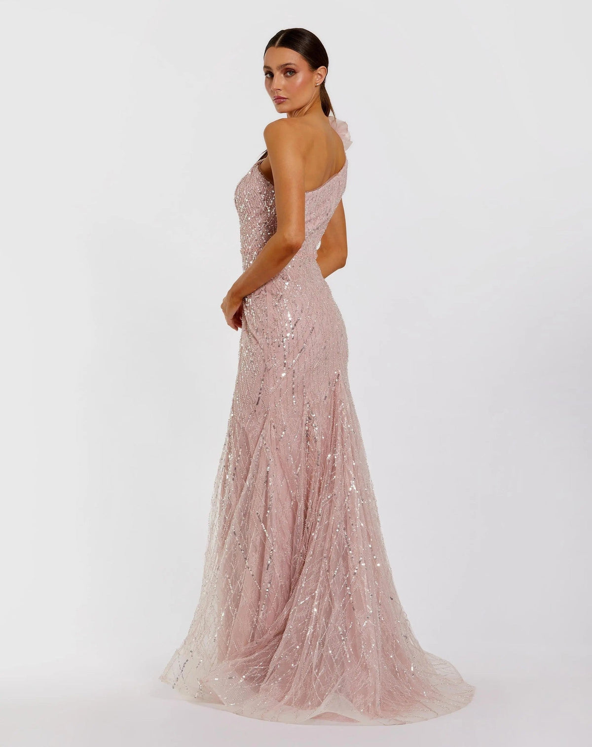 Rose One Shoulder Beaded Mermaid Gown With 3D Flower
