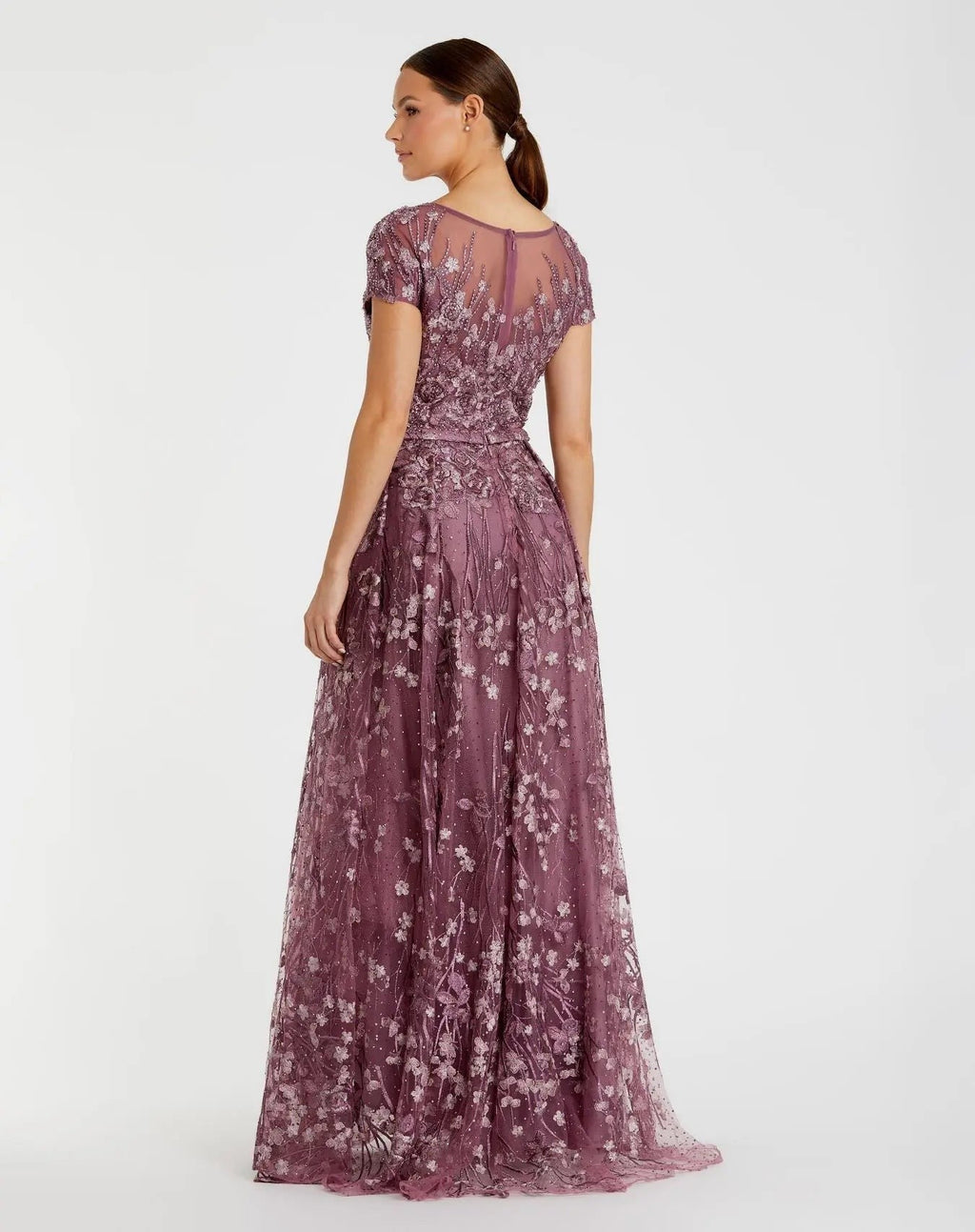 Purple Embellished Floral Cap Sleeve A Line Gown