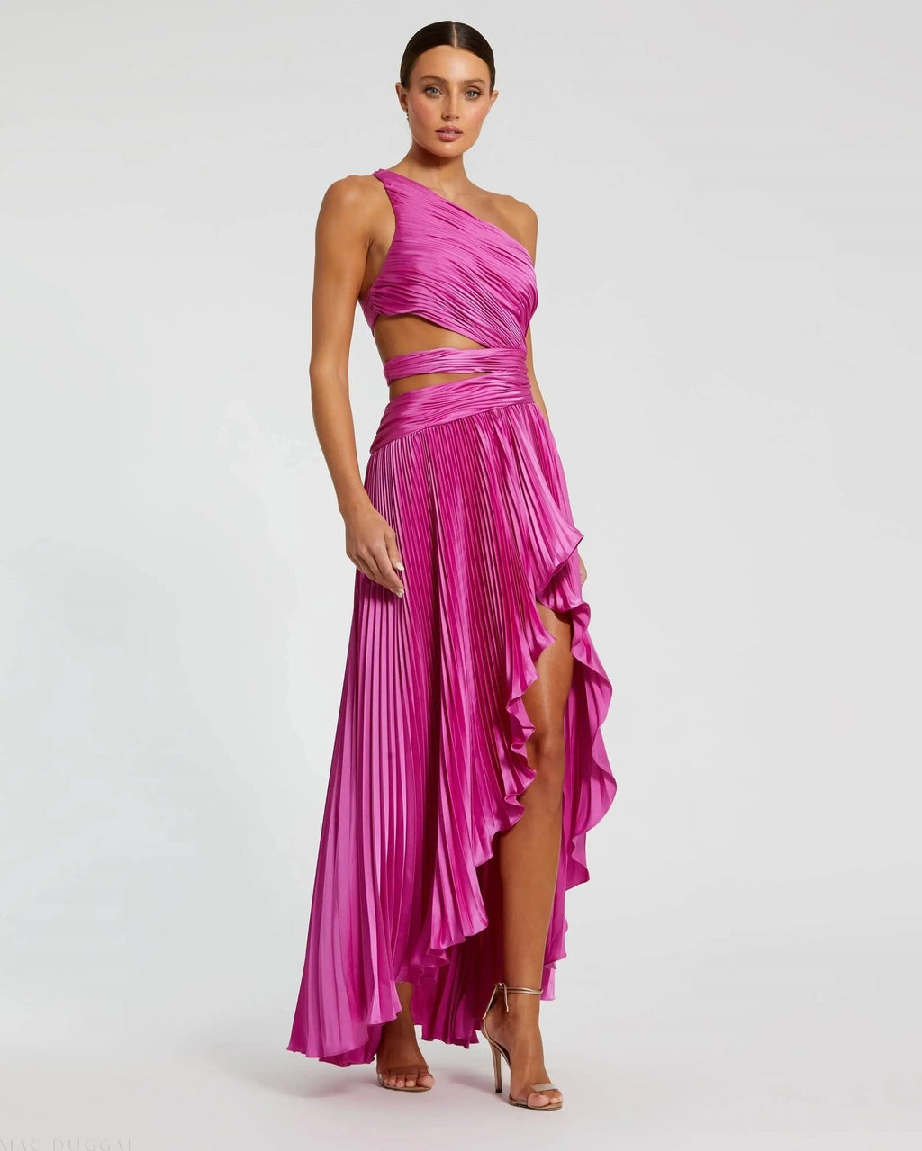 Purple One Shoulder Pleated Charmeuse Gown with Slit