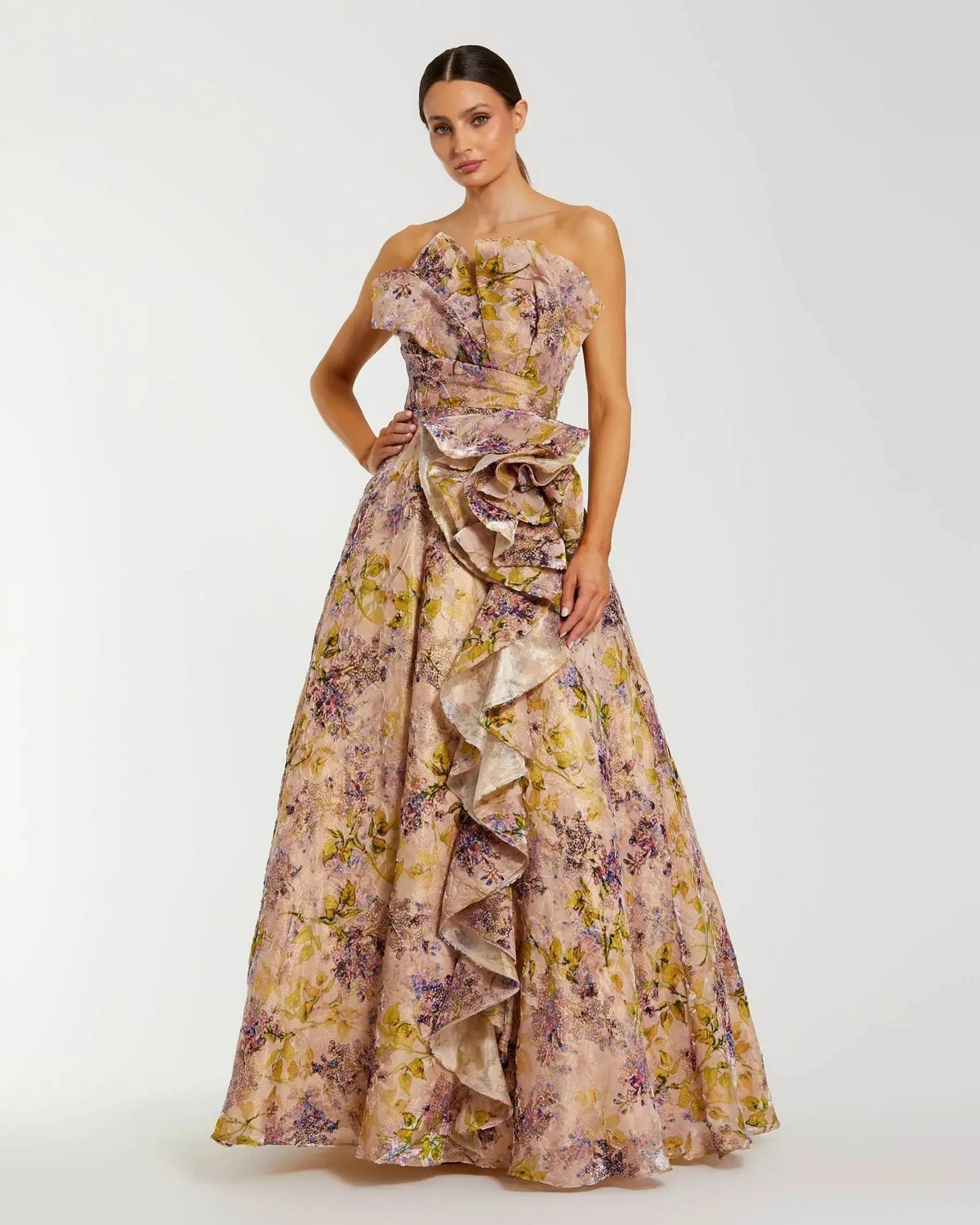 Blush Multi Strapless Floral Ball Gown With Ruffle Detail