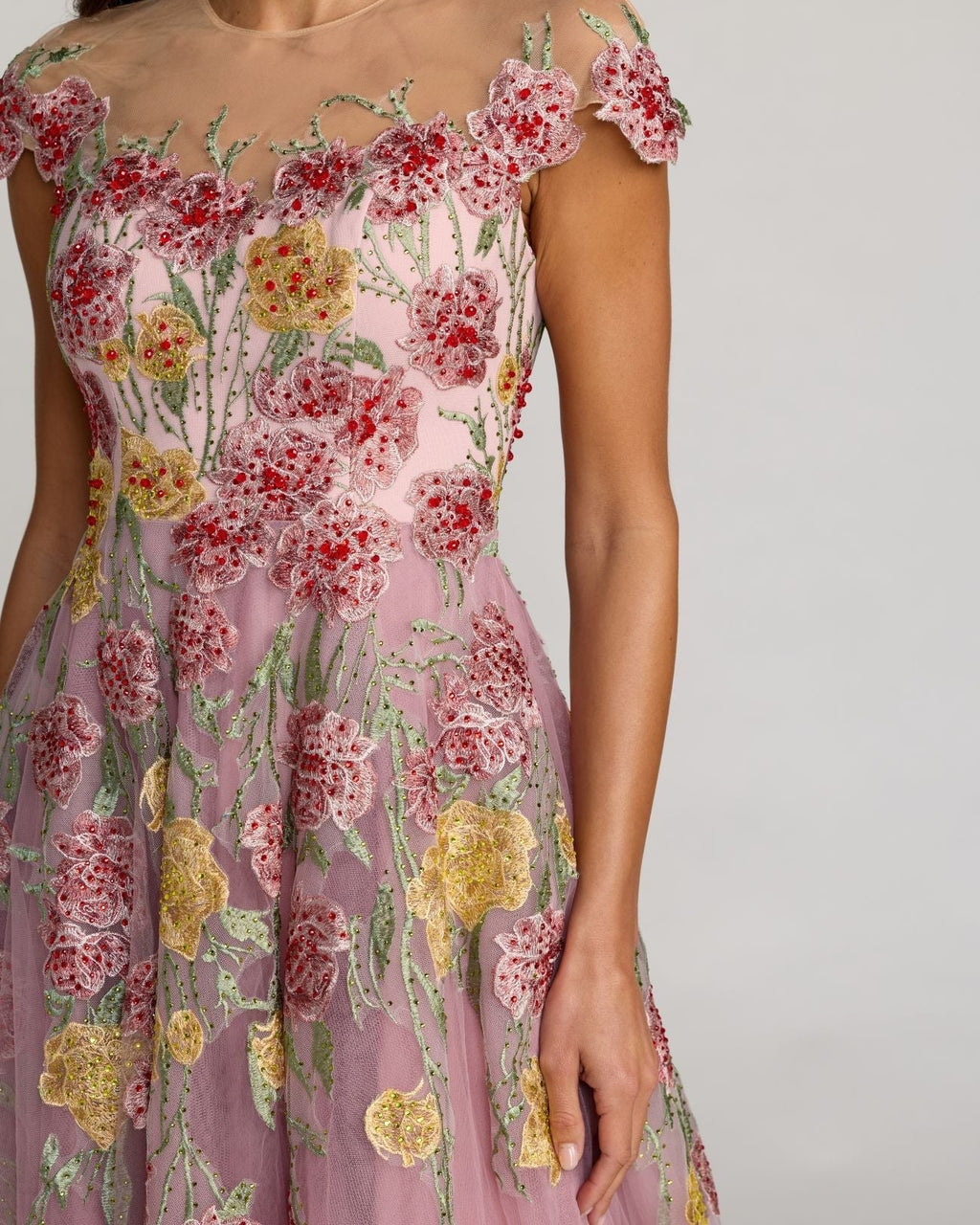 Purple Floral Embroidered Illusion Sweetheart Midi Dress