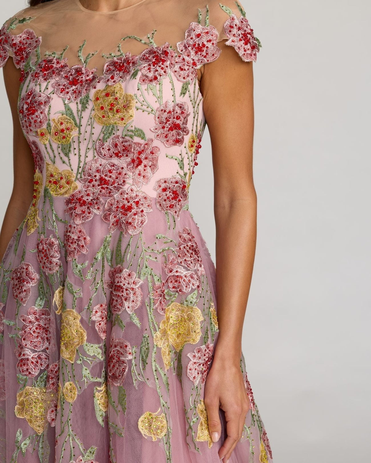 Purple Floral Embroidered Illusion Sweetheart Midi Dress