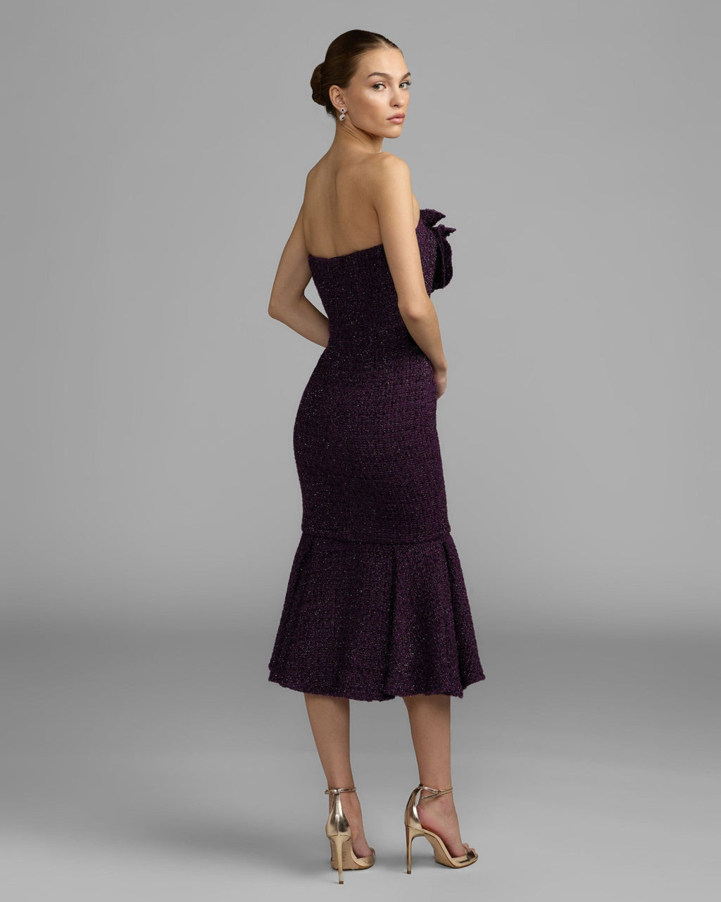 Aubergine Boucle Strapless Midi Dress With 3D Flower