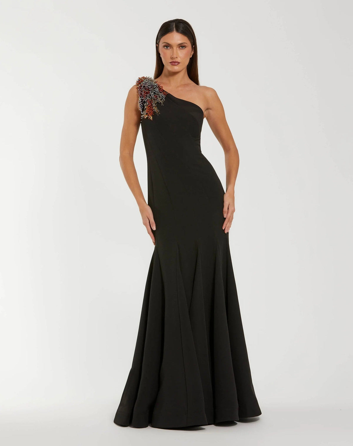 Black Multi One Shoulder Beaded Mermaid Gown