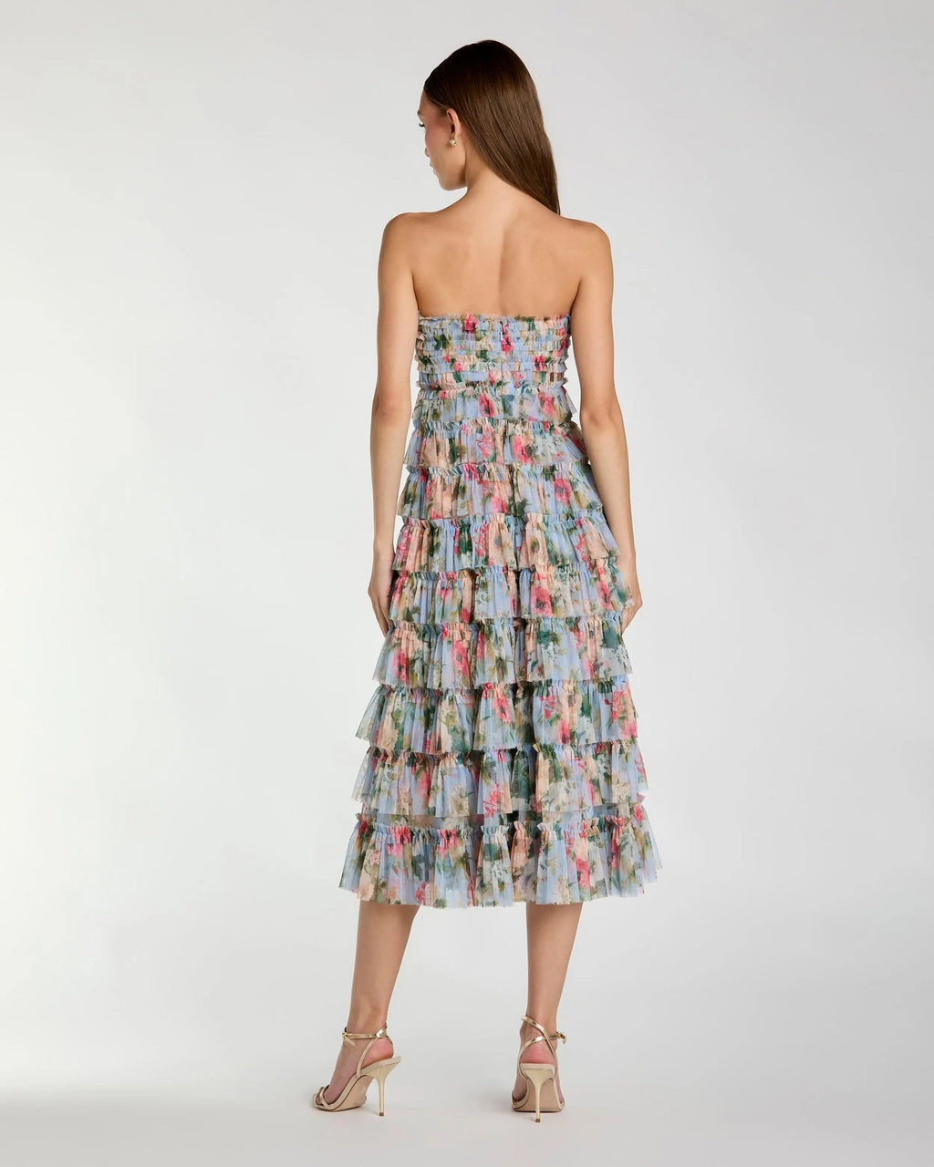 Blue Multi Floral Tiered Strapless Midi Dress