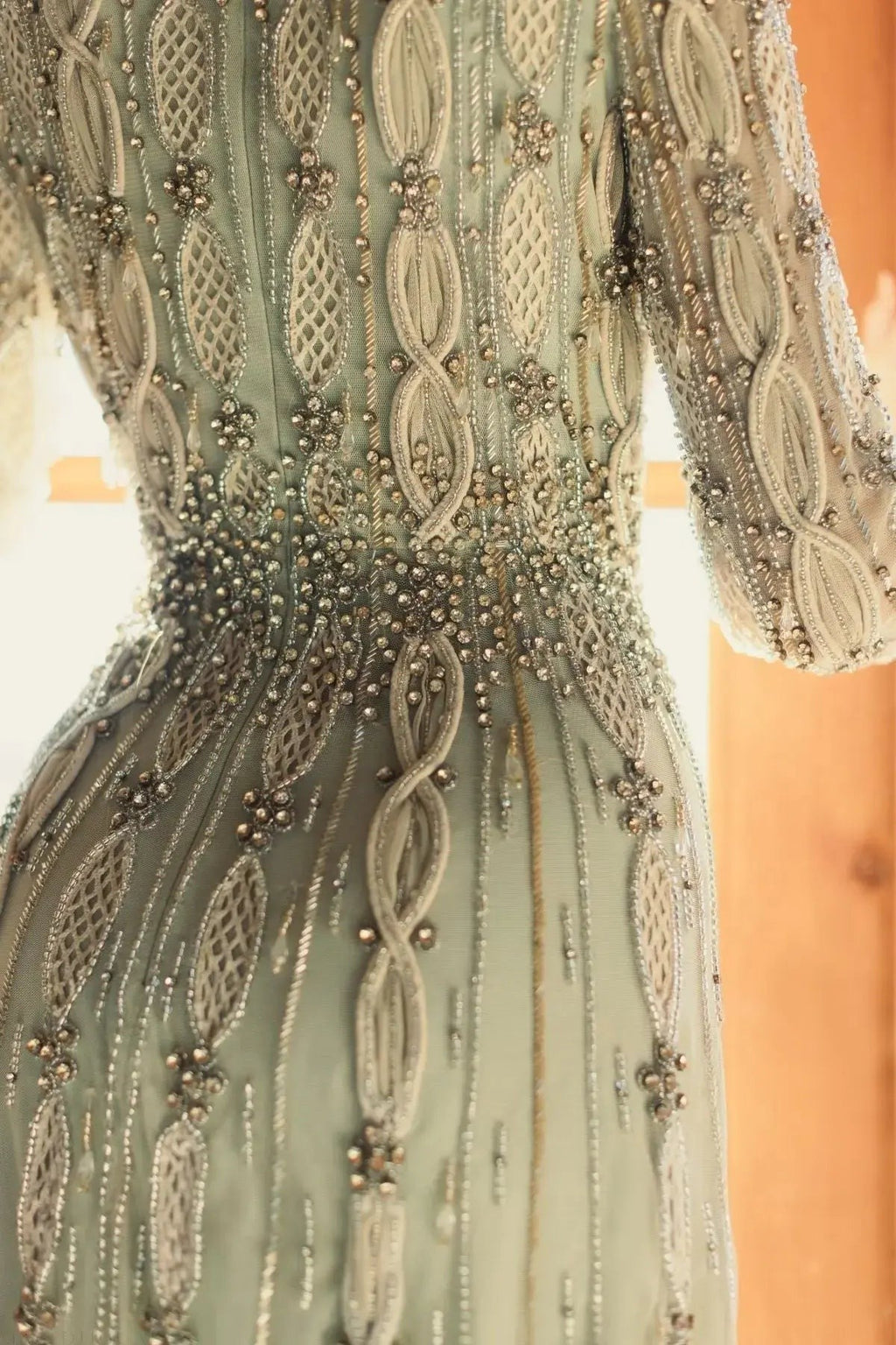 Nude Sage Embellished Long Sleeve A-Line Gown