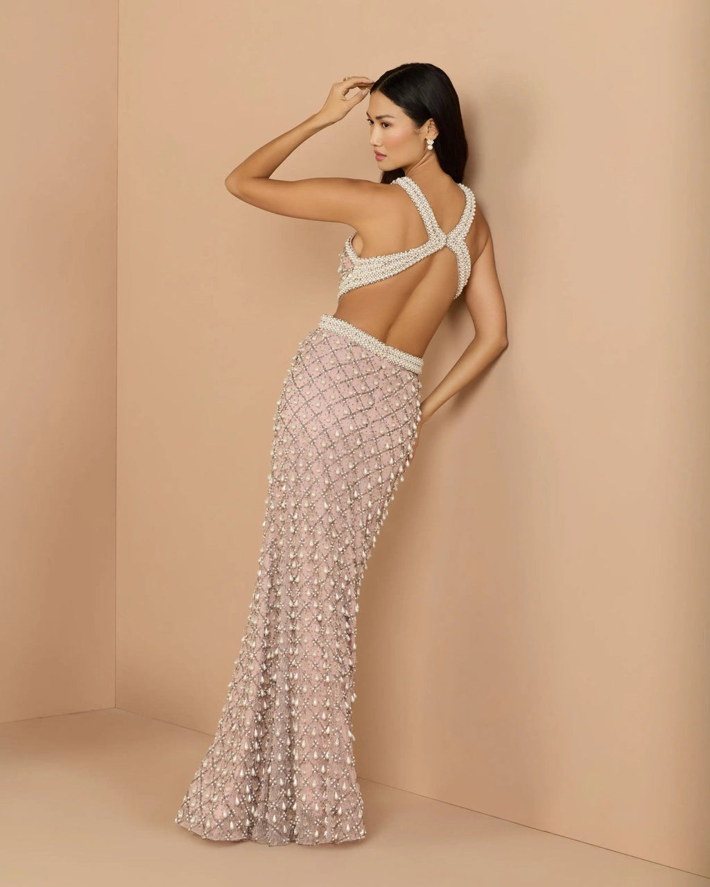 Light Rose Pearl Embellished Open Back Gown