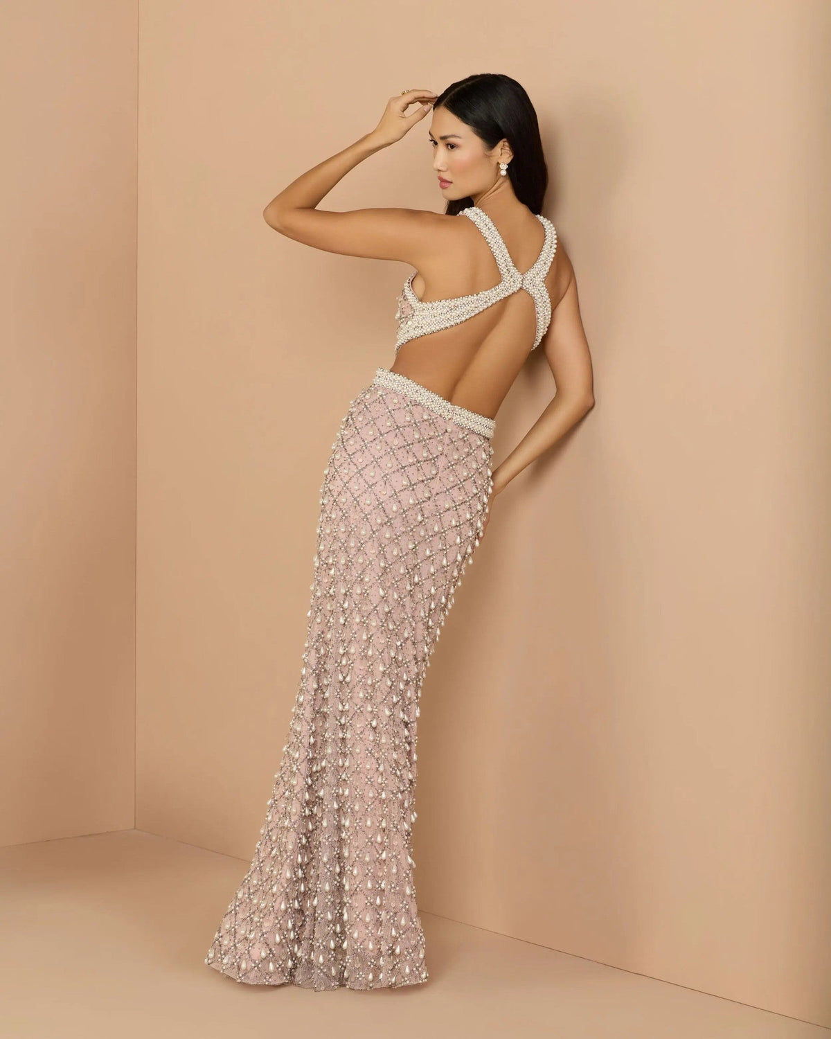 Light Rose Pearl Embellished Open Back Gown