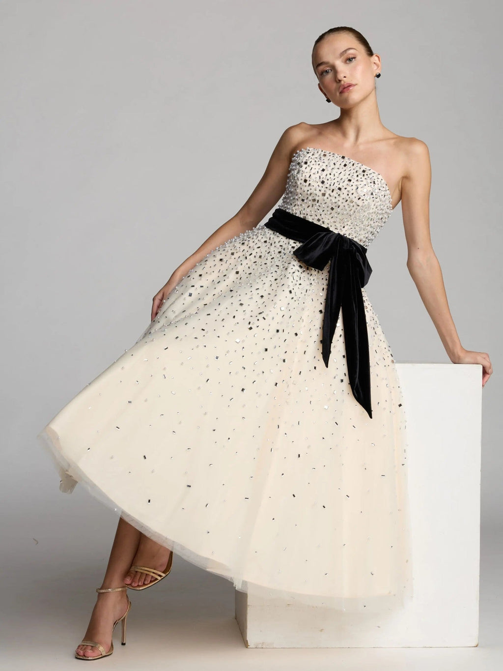 Black Cream Strapless Midi Dress with Velvet Bow
