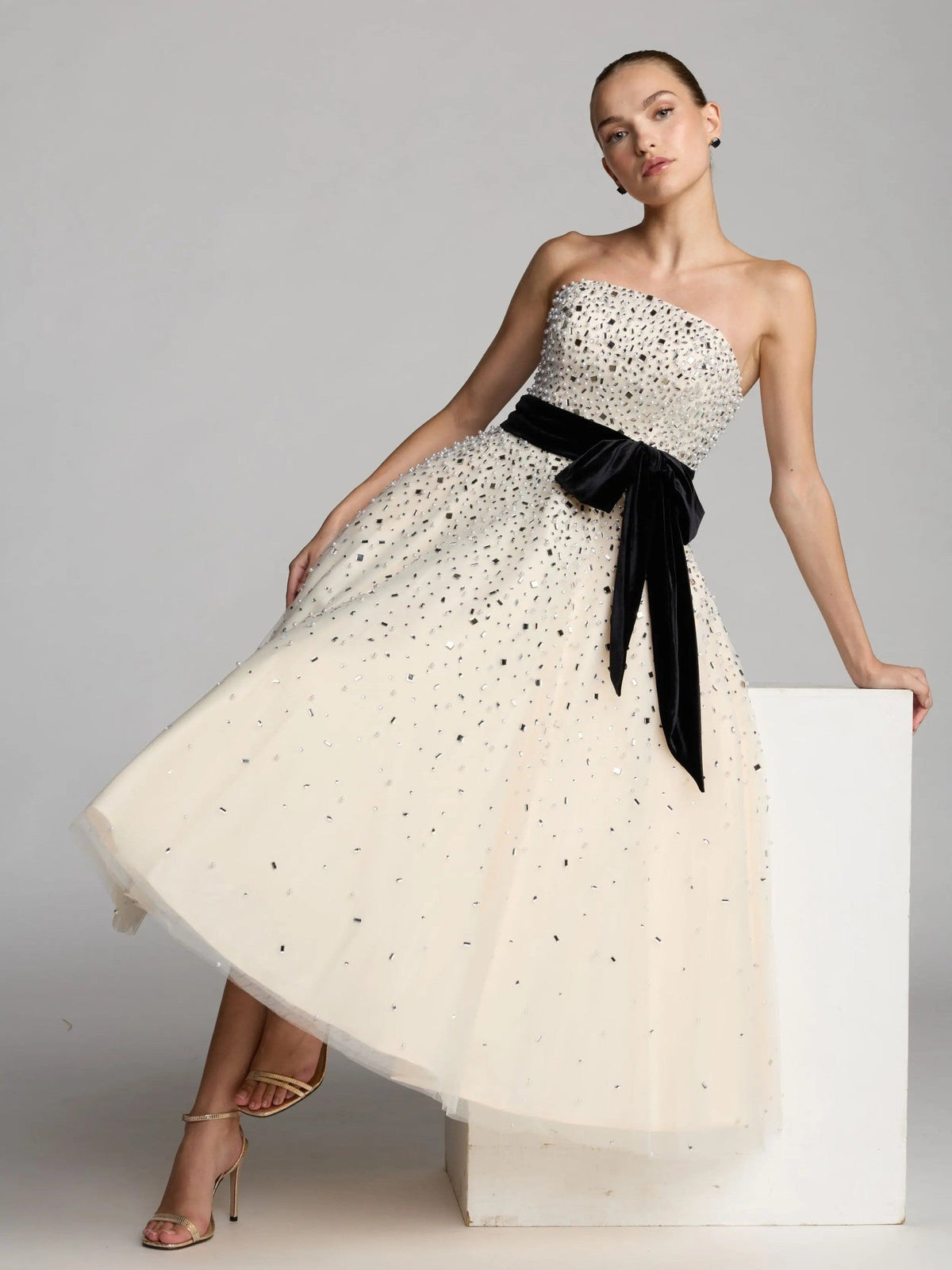 Black Cream Strapless Midi Dress with Velvet Bow