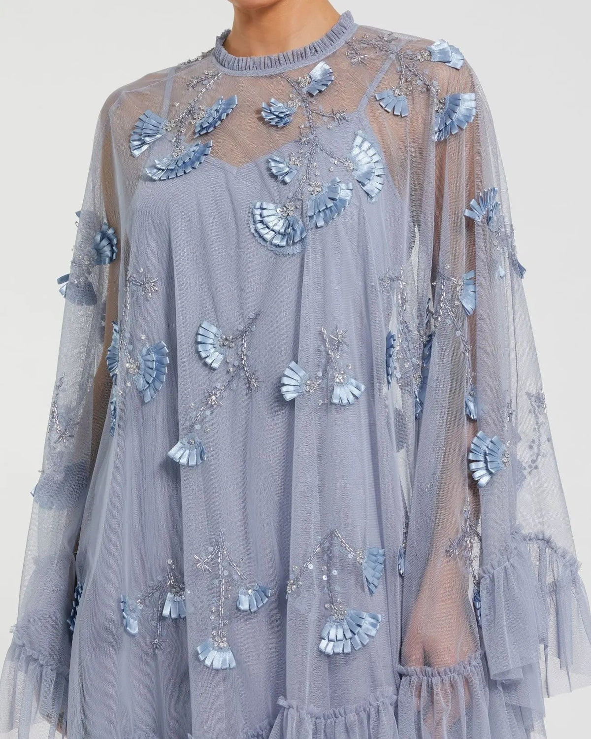 Blue Embellished Long Sleeve Trapeze Dress with Ruffle Hem