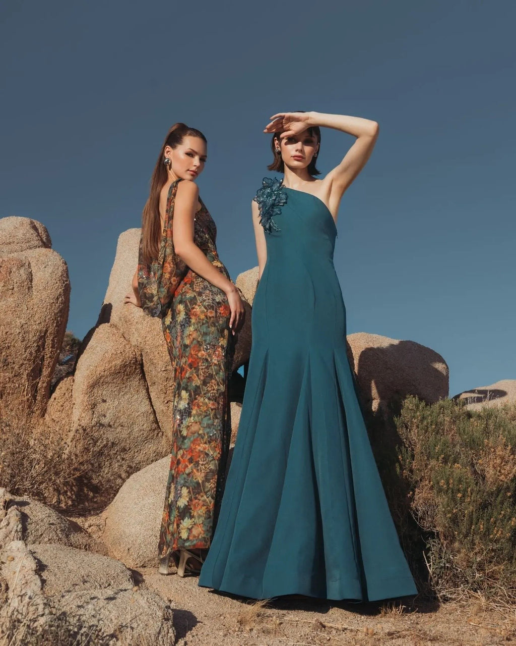 Ocean Blue One Shoulder Mermaid Gown With 3D Flowers