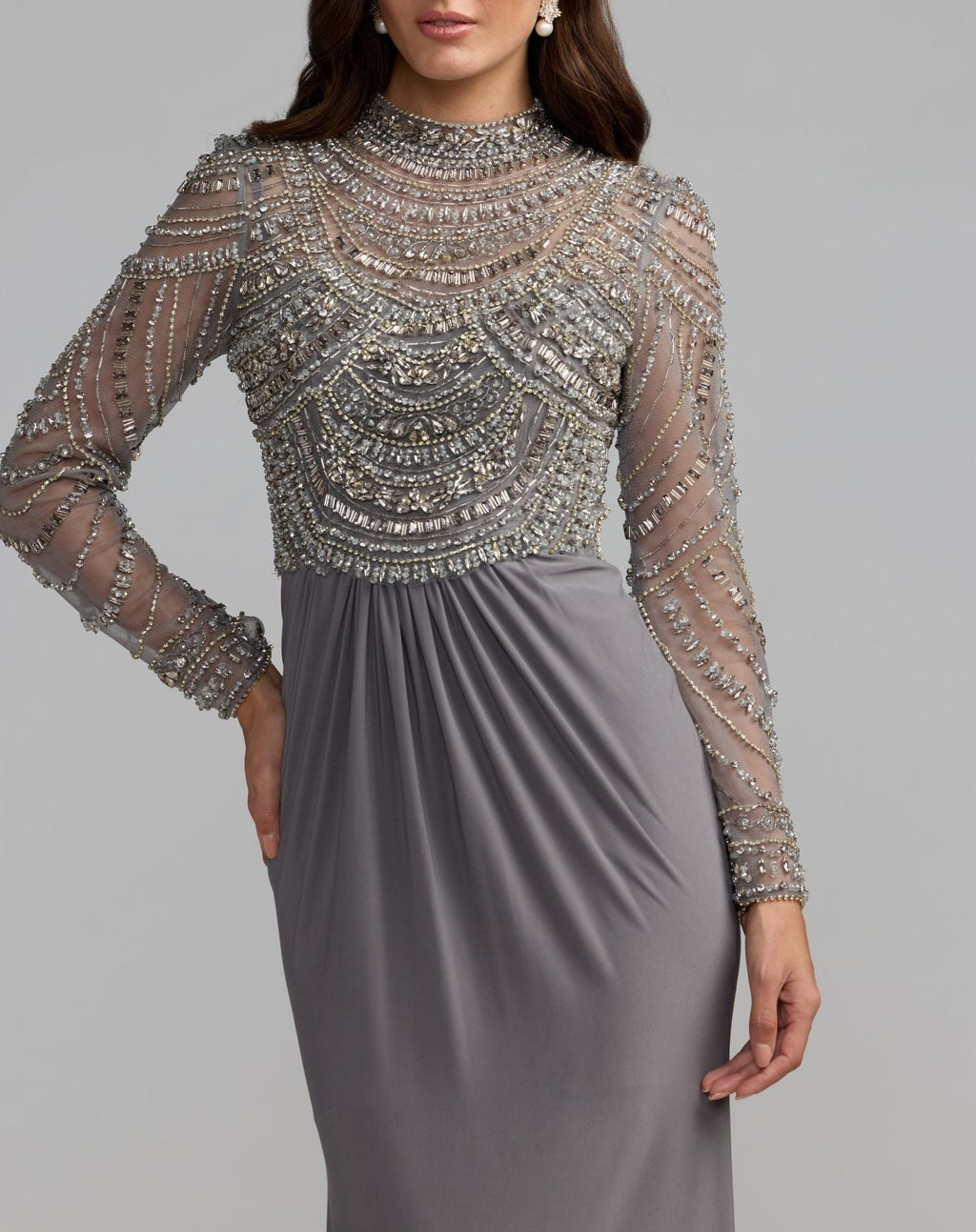 Platinum Beaded Jersey Mock Neck Long Sleeve Gown